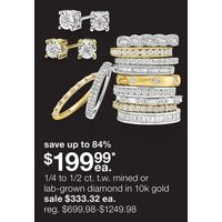 1/4 to 1/2 ct. t.w. mined or lab-grown diamond in 10k gold for $199.99 Each