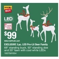 3 pc. LED Pre-Lit Deer Family 69" standing buck, 50 standing doe and 35" fawn w/cool white LEDs