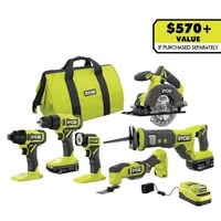 RYOBI ONE+ 18V Cordless 6-Tool Combo Kit with 1.5 Ah Battery, 4.0 Ah Battery, and Charger PCL1600K2