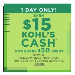 $15 Kohls Cash w/$50+ Order