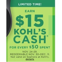 Earn $15 Kohls Cash for every $50 Spend