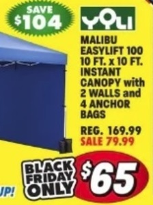 Malibu Easylift 100 10ftx10ft. Instant Canopy With 2 Walls And 4 Anchor Bags