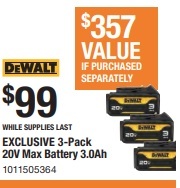 3-Pack 20V Max Battery 3.0Ah