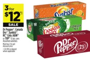 12 pk. Dr Pepper, Canada Dry, Sunkist, RC Cola, A & W or 7UP