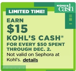 Earn $15 Kohls Cash for every $50 Spend